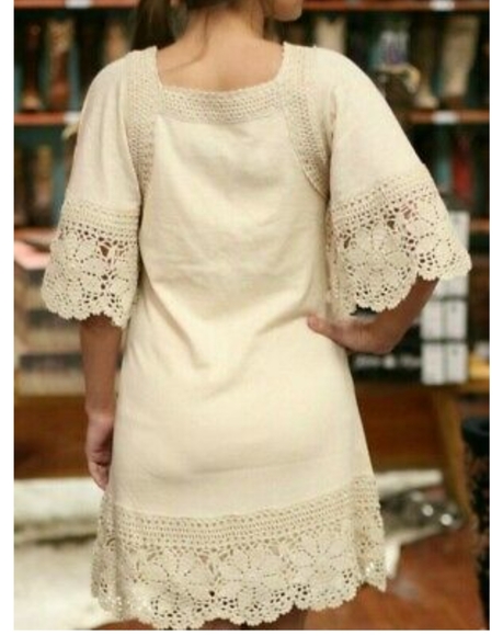 Anthropologie In Peach Crochet Sleeve Shift Dress - Picture 7 of 7